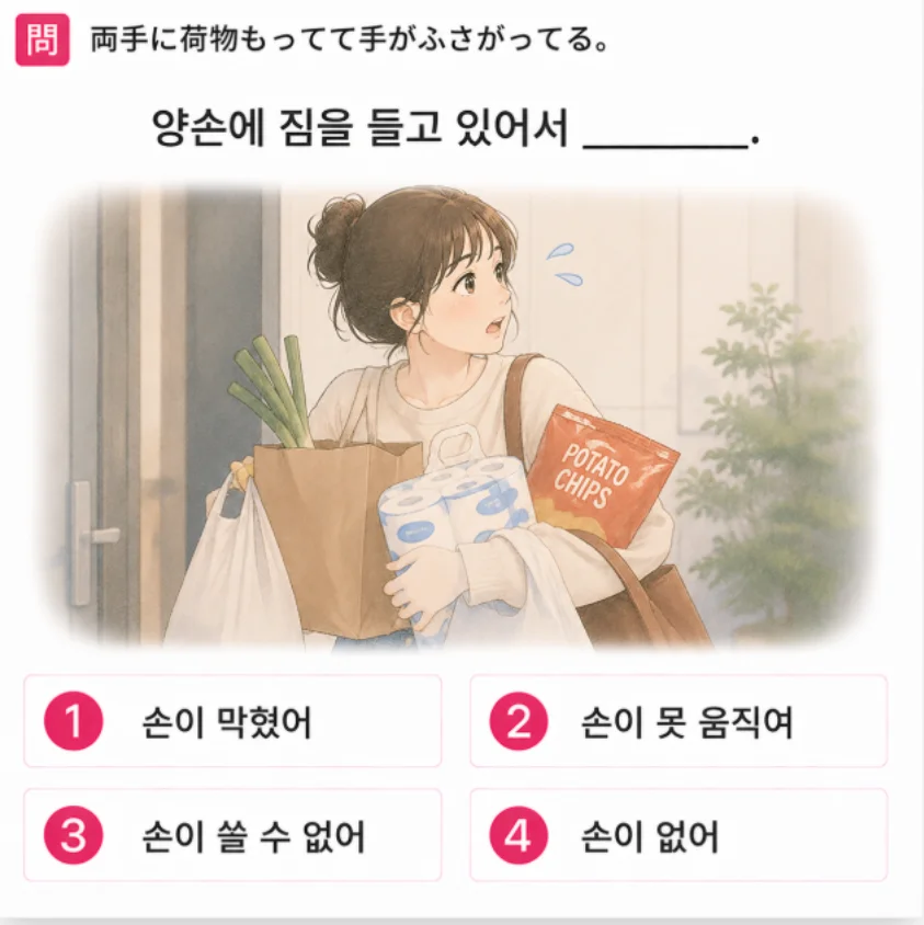 「両手に荷物もってて手がふさがってる。」の韓国語表現を選ぶ4択クイズ