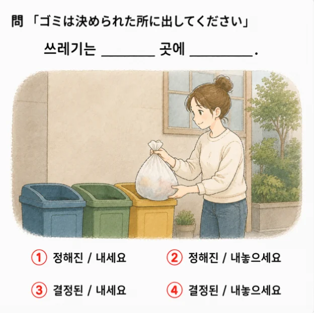 韓国語クイズ「ゴミは決められた所に出してください」の自然な表現を選ぶ4択問題のイラスト