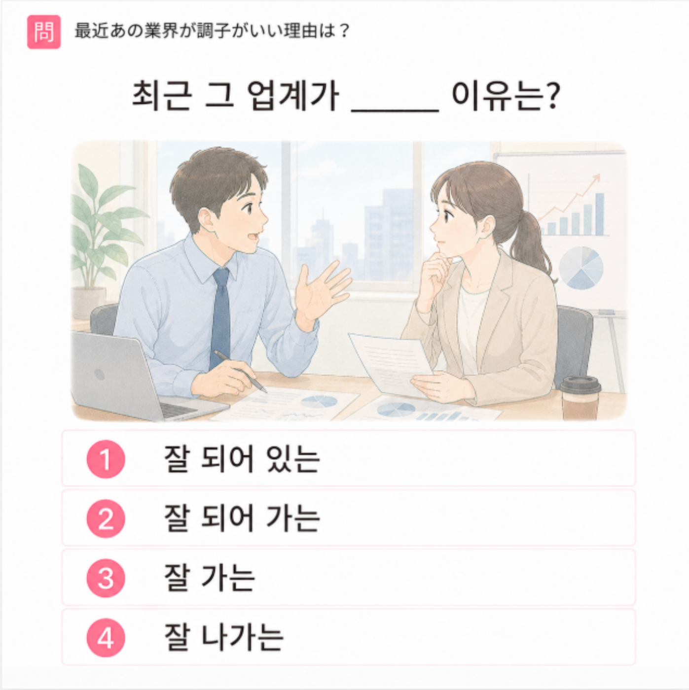 「最近あの業界が調子がいい理由は?」の韓国語表現を選ぶ4択クイズ