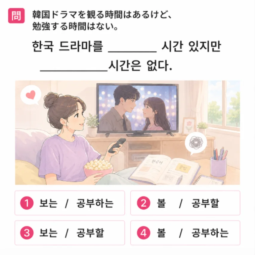 「ドラマを観る時間はあるけど、勉強する時間はない。」の韓国語表現を選ぶ4択クイズ