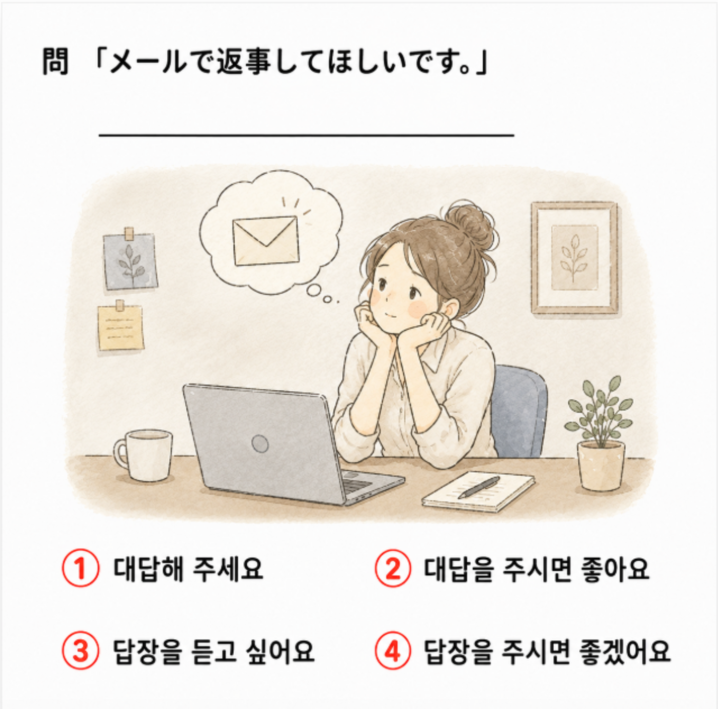 [クイズで学ぶ韓国語] 「メールで返事してほしいです。」