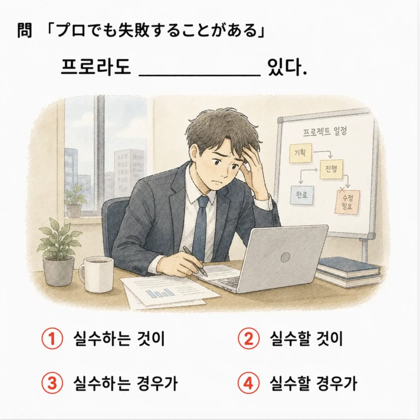 韓国語クイズ「プロでも失敗することがある」の自然な表現を選ぶ4択問題のイラスト