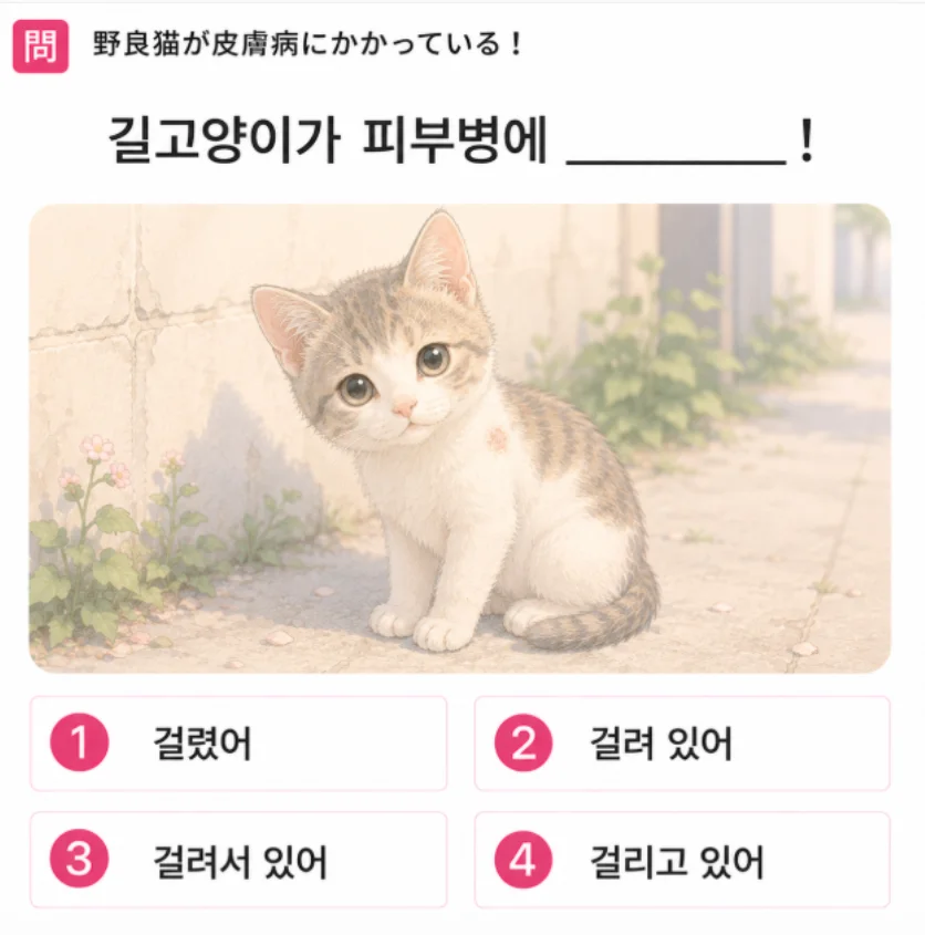 「野良猫が皮膚病にかかっている!」の韓国語表現を選ぶ4択クイズ