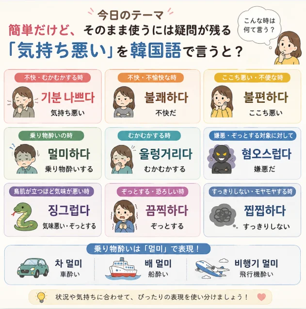 韓国語で「気持ち悪い」を表す기분 나쁘다・불쾌하다・멀미하다・울렁거리다・징그럽다・찝찝하다などの状況別の使い分け