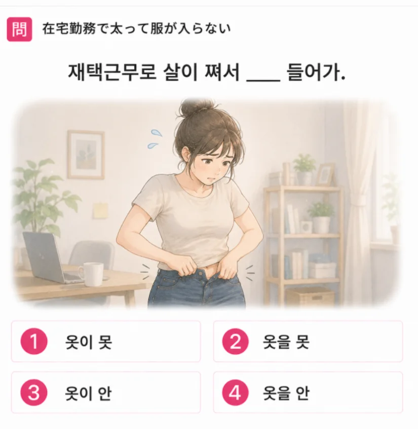 「在宅勤務で太って服が入らない」の韓国語表現を選ぶ4択クイズ