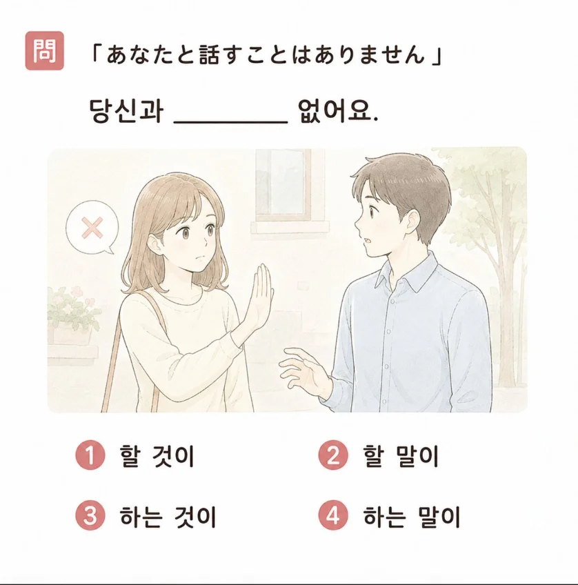 日本語「あなたと話すことはありません」の韓国語訳穴埋めクイズ。話すことを拒む女性と男性の会話場面