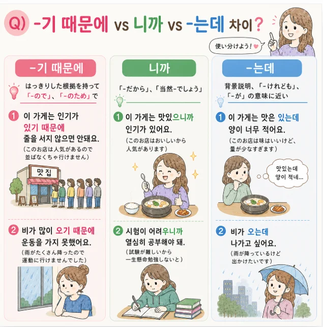 韓国語「-기 때문에・-니까・-는데」の違いは？意味と使い分けを例文で解説