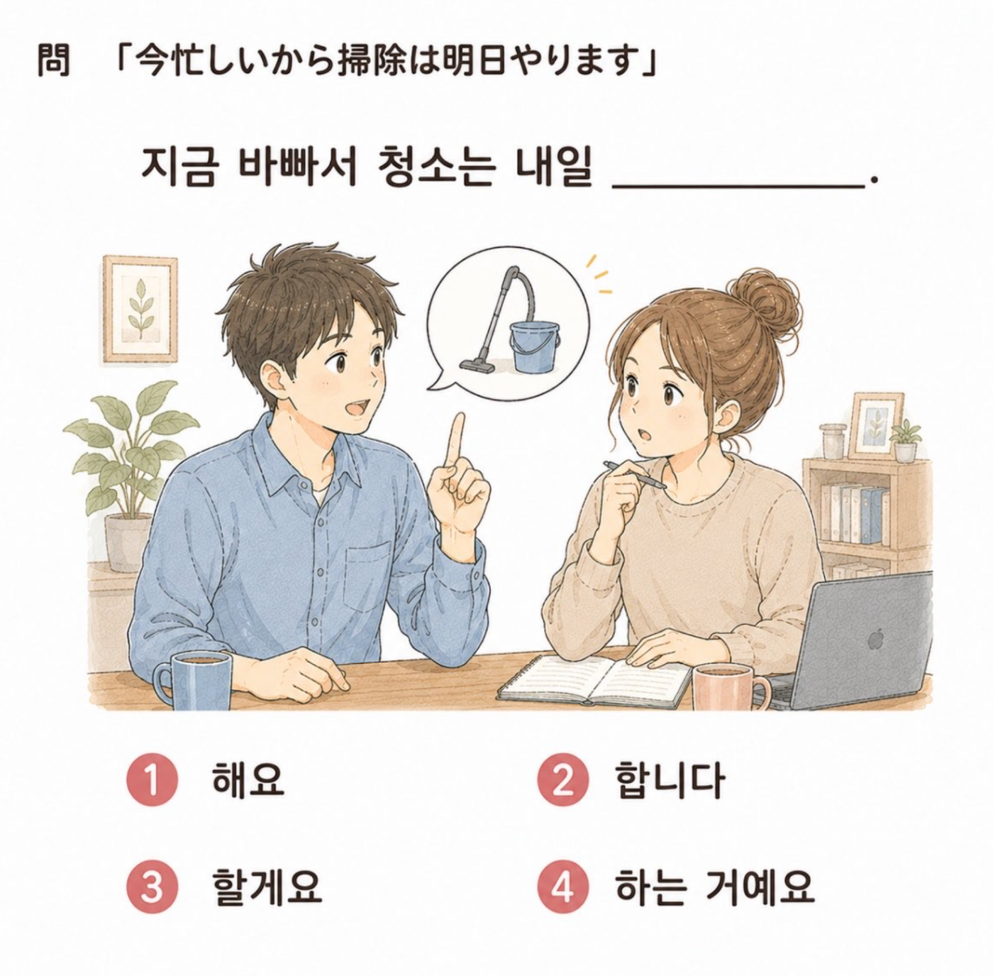 「今忙しいから掃除は明日やります」を韓国語でどう表現するかを問う4択クイズ