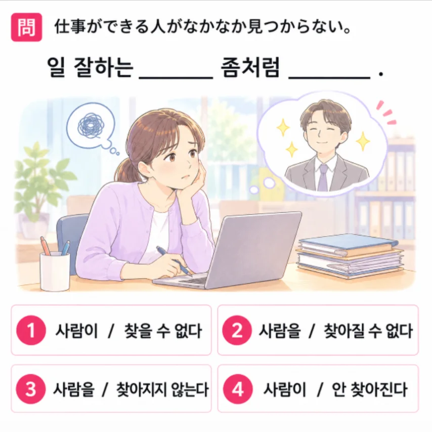 「仕事ができる人がなかなか見つからない。」の韓国語表現を選ぶ4択クイズ