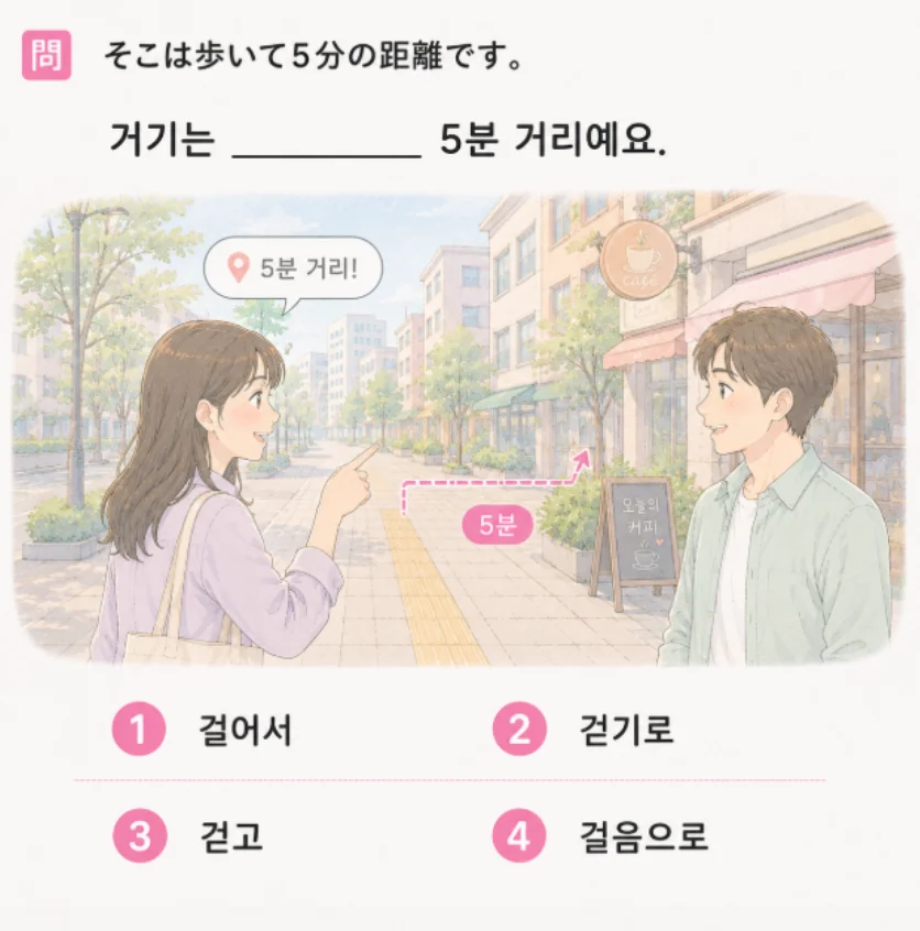 「そこは歩いて5分の距離です。」の韓国語表現を選ぶ4択クイズ