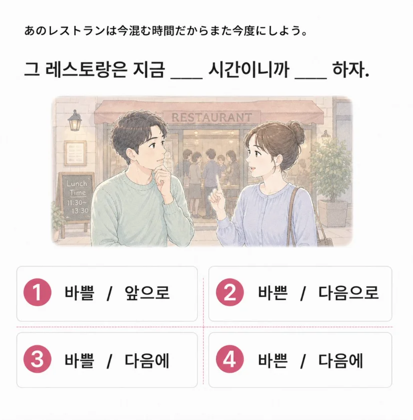 「あのレストランは今混む時間だからまた今度にしよう。」の韓国語表現を選ぶ4択クイズ