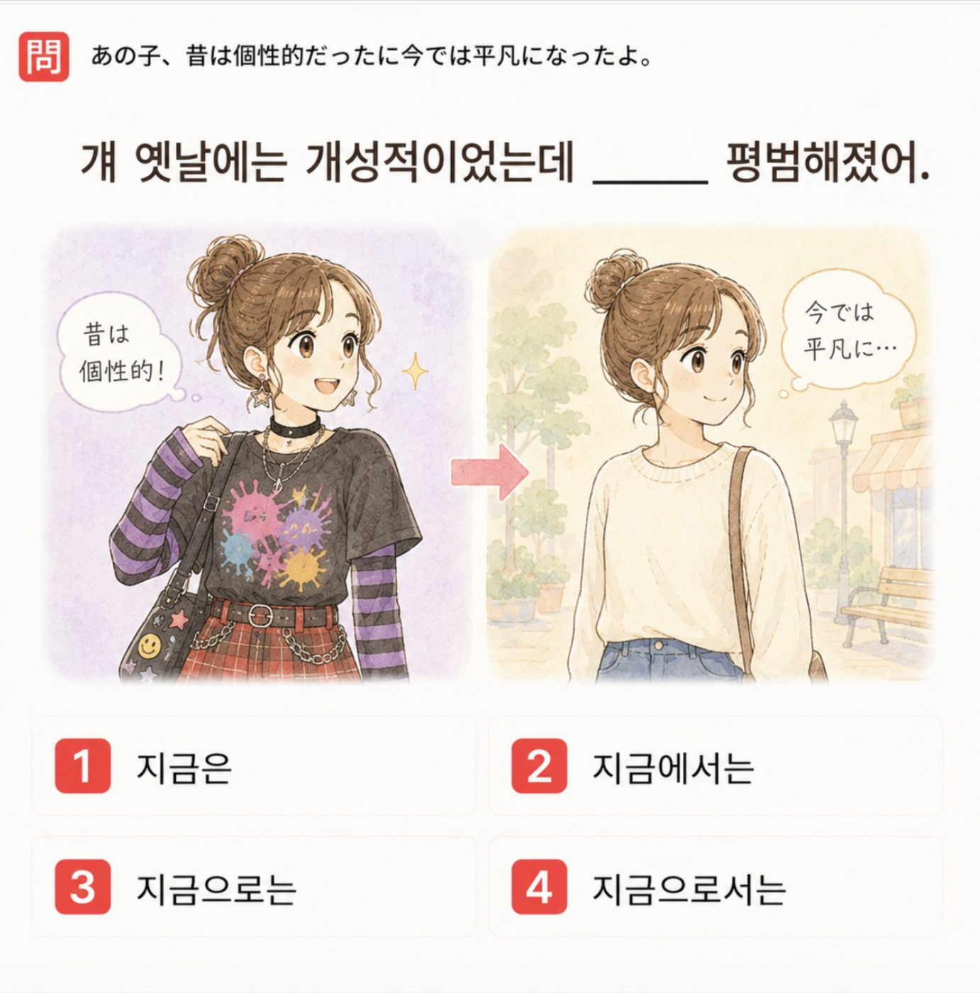 「あの子、昔は個性的だったに今では平凡になったよ。」の韓国語表現を選ぶ4択クイズ