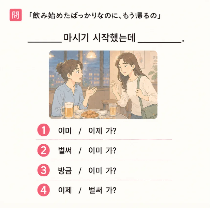 [クイズで学ぶ韓国語] 「飲み始めたばっかりなのに、もう帰るの」 一番自然な韓国語は？