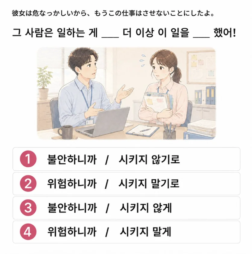 「彼女は危なっかしいから、 もうこの仕事はさせないことにしたよ。」の韓国語表現を選ぶ4択クイズ