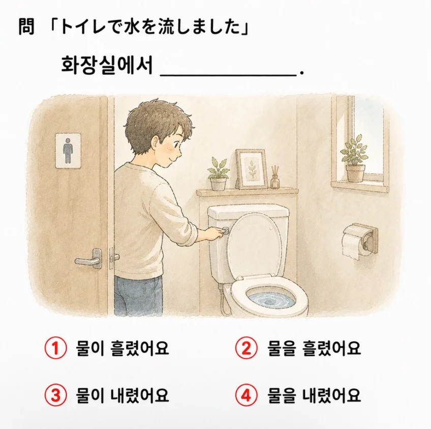 韓国語クイズ「トイレで水を流しました」の自然な表現を選ぶ4択問題のイラスト