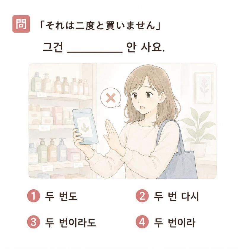 日本語「それは二度と買いません」の韓国語訳穴埋めクイズ。店内で商品を見ながら買わない意思を示す女性