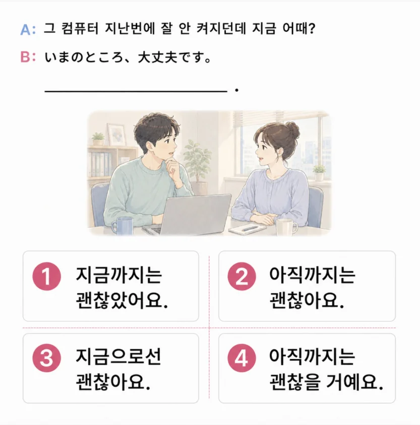 [クイズで学ぶ韓国語] 「B: いまのところ、大丈夫です。」 一番自然な韓国語は？