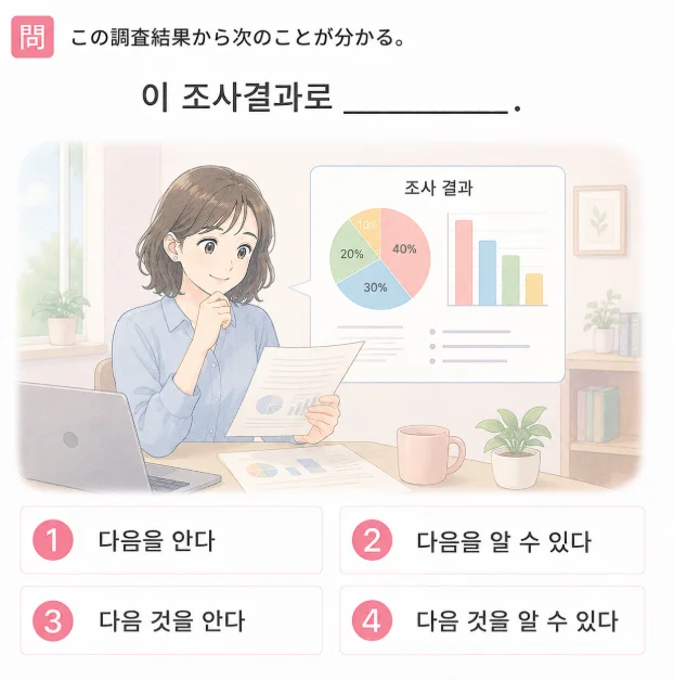 「この調査結果から次のことが分かる。」の韓国語表現を選ぶ4択クイズ