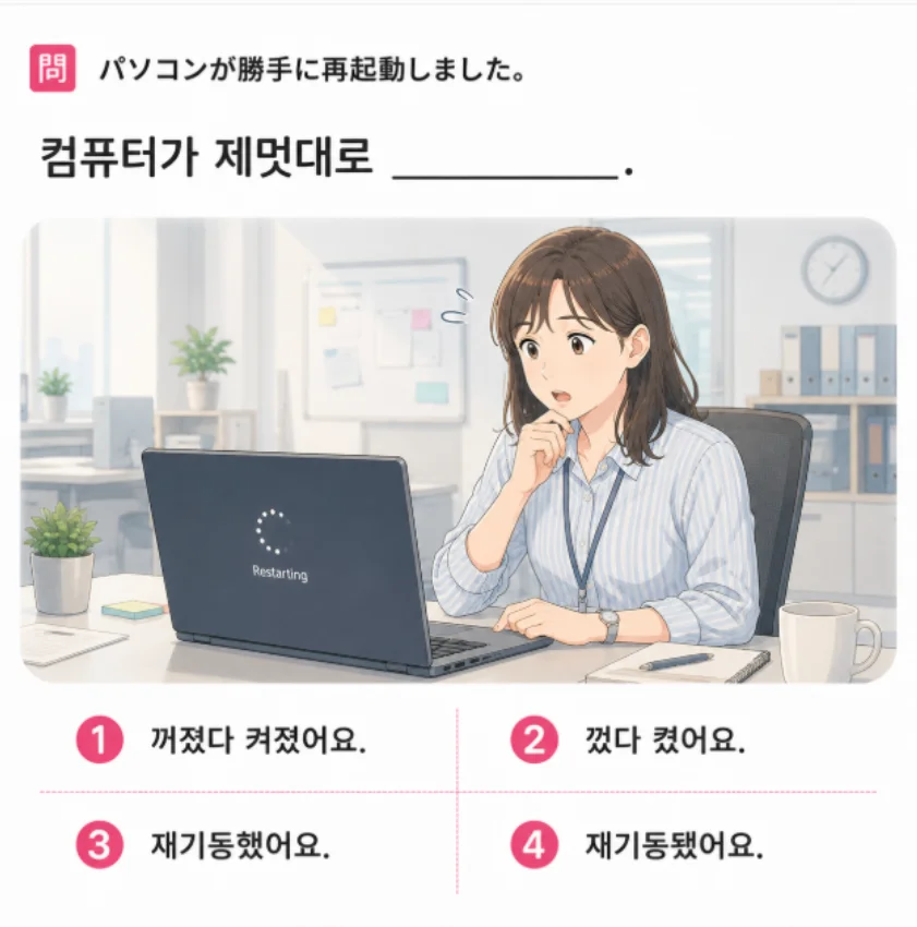 「パソコンが勝手に再起動しました。」の韓国語表現を選ぶ4択クイズ