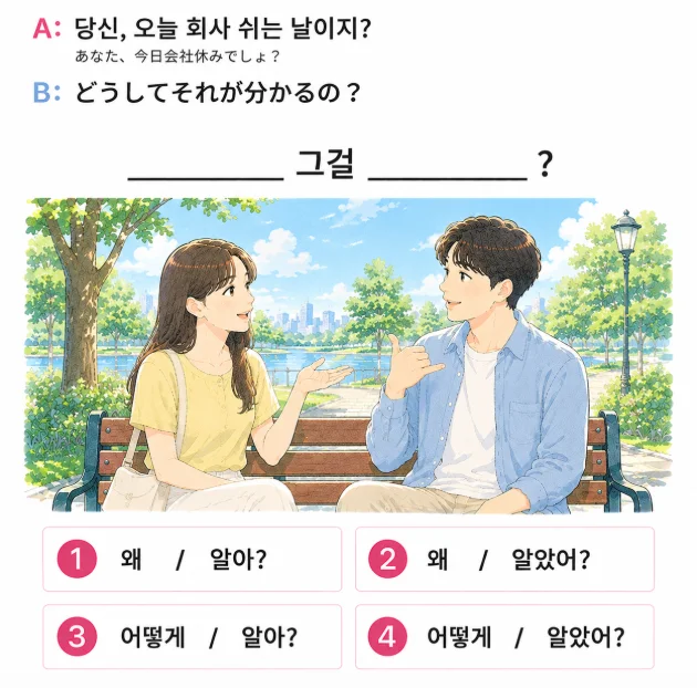 「B: どうしてそれが分かるの？」の韓国語表現を選ぶ4択クイズ