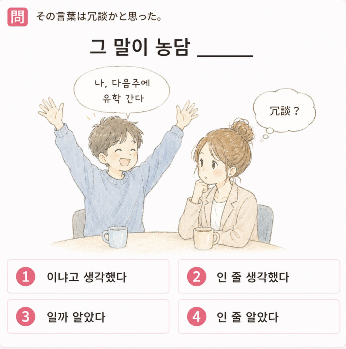 「その言葉は冗談かと思った。」の韓国語表現を選ぶ4択クイズ