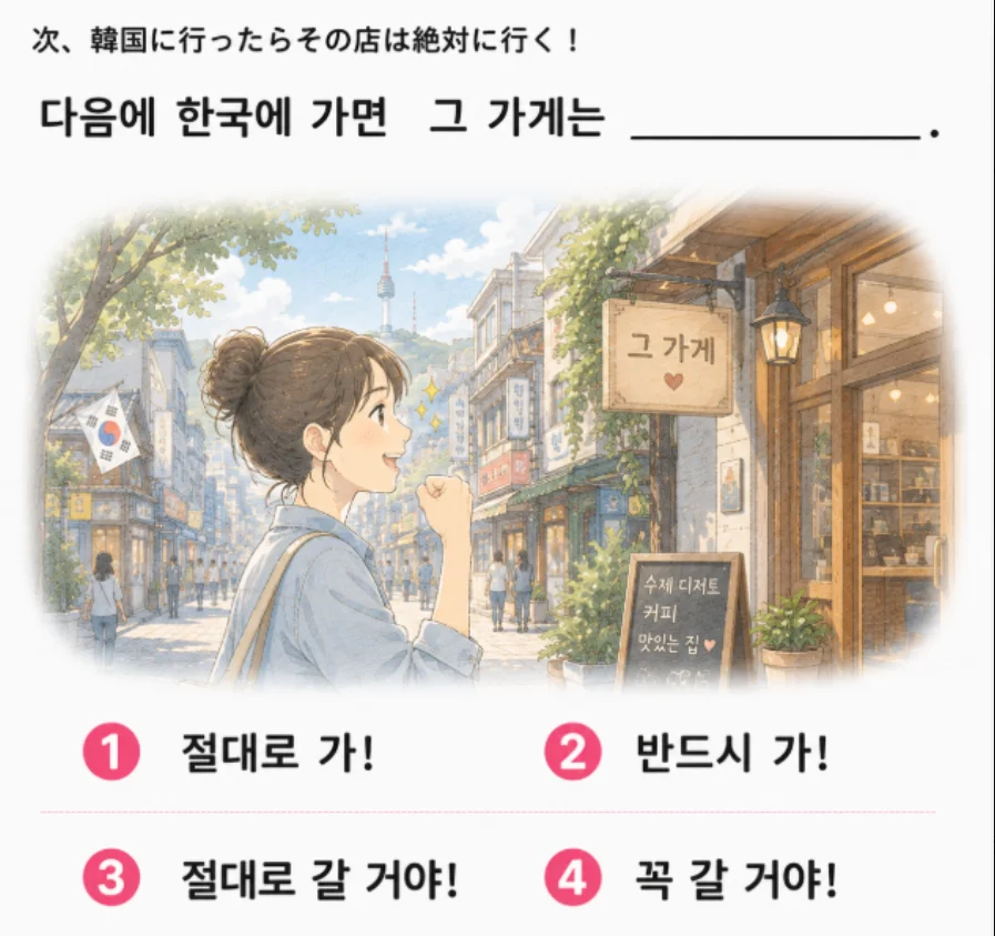 「次、韓国に行ったらその店は絶対に行く！」の韓国語表現を選ぶ4択クイズ