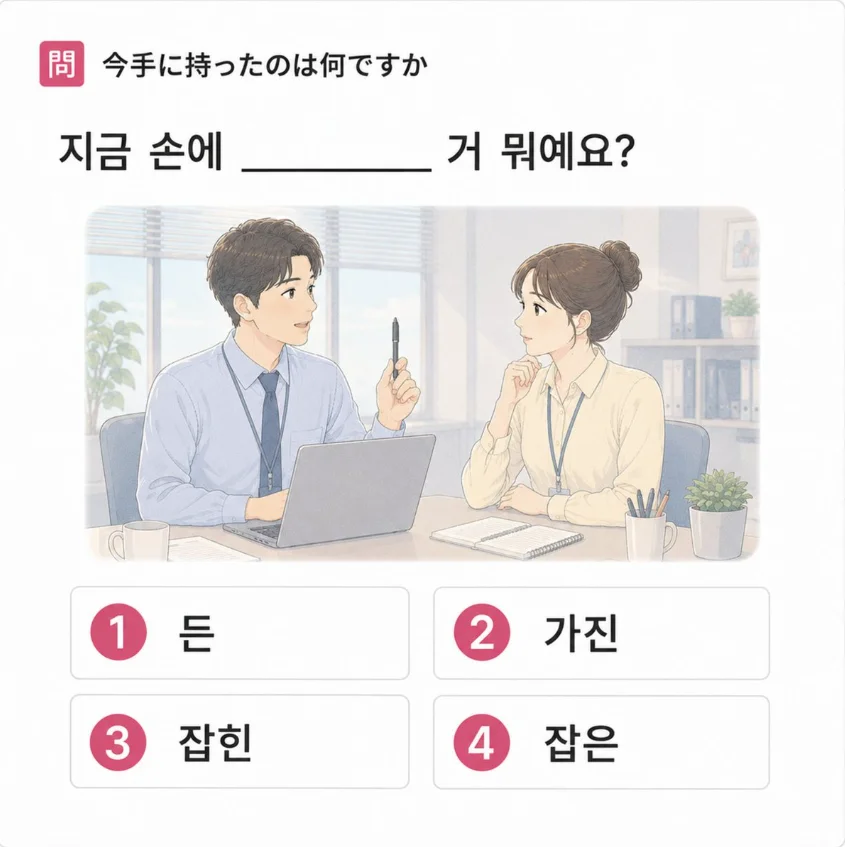 「今手に持ったのは何ですか」の韓国語表現を選ぶ4択クイズ