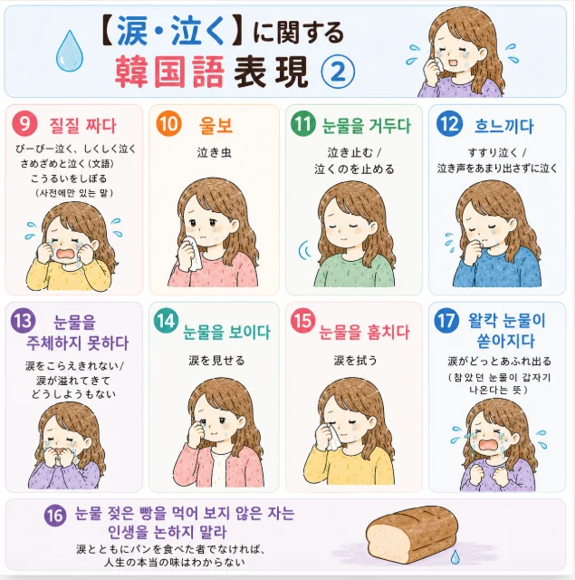 韓国語の「涙・泣く」に関する表現、질질 짜다・울보・눈물을 거두다・흐느끼다・눈물을 주체하지 못하다・눈물을 보이다・눈물을 훔치다・왈칵 눈물이 쏟아지다などをまとめた韓国語学習カード