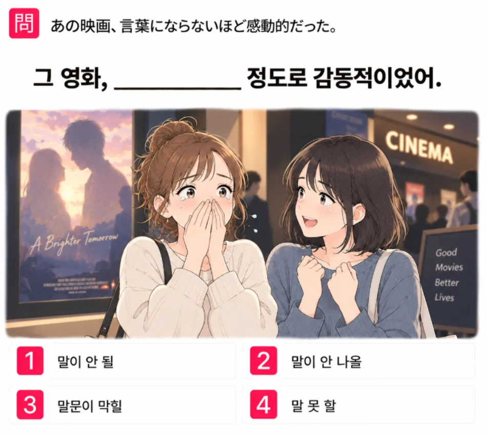 「あの映画、言葉にならないほど感動的だった。」の韓国語表現を選ぶ4択クイズ
