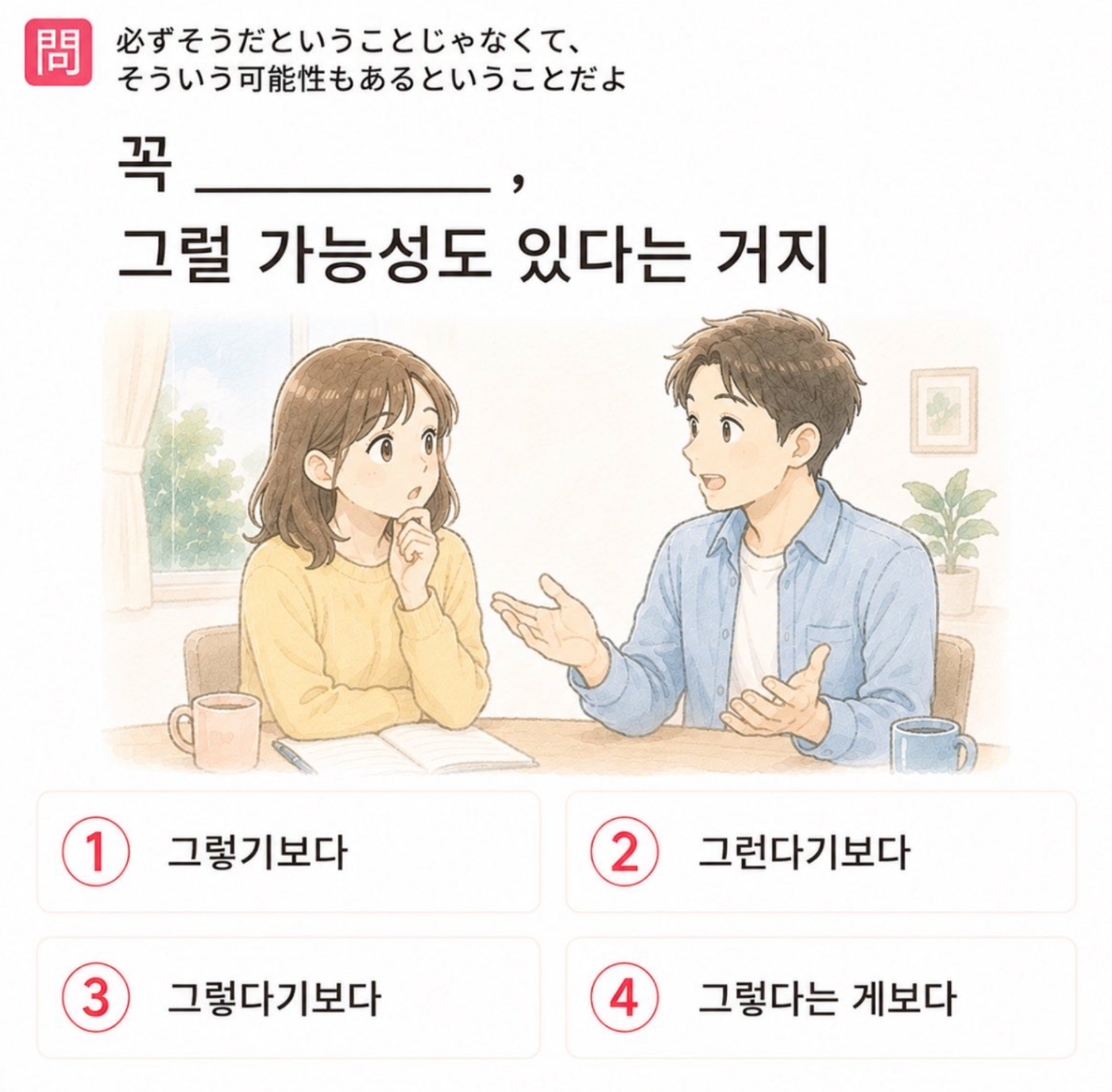 「必ずそうだということじゃなくて、 そういう可能性もあるということだよ」の韓国語表現を選ぶ4択クイズ