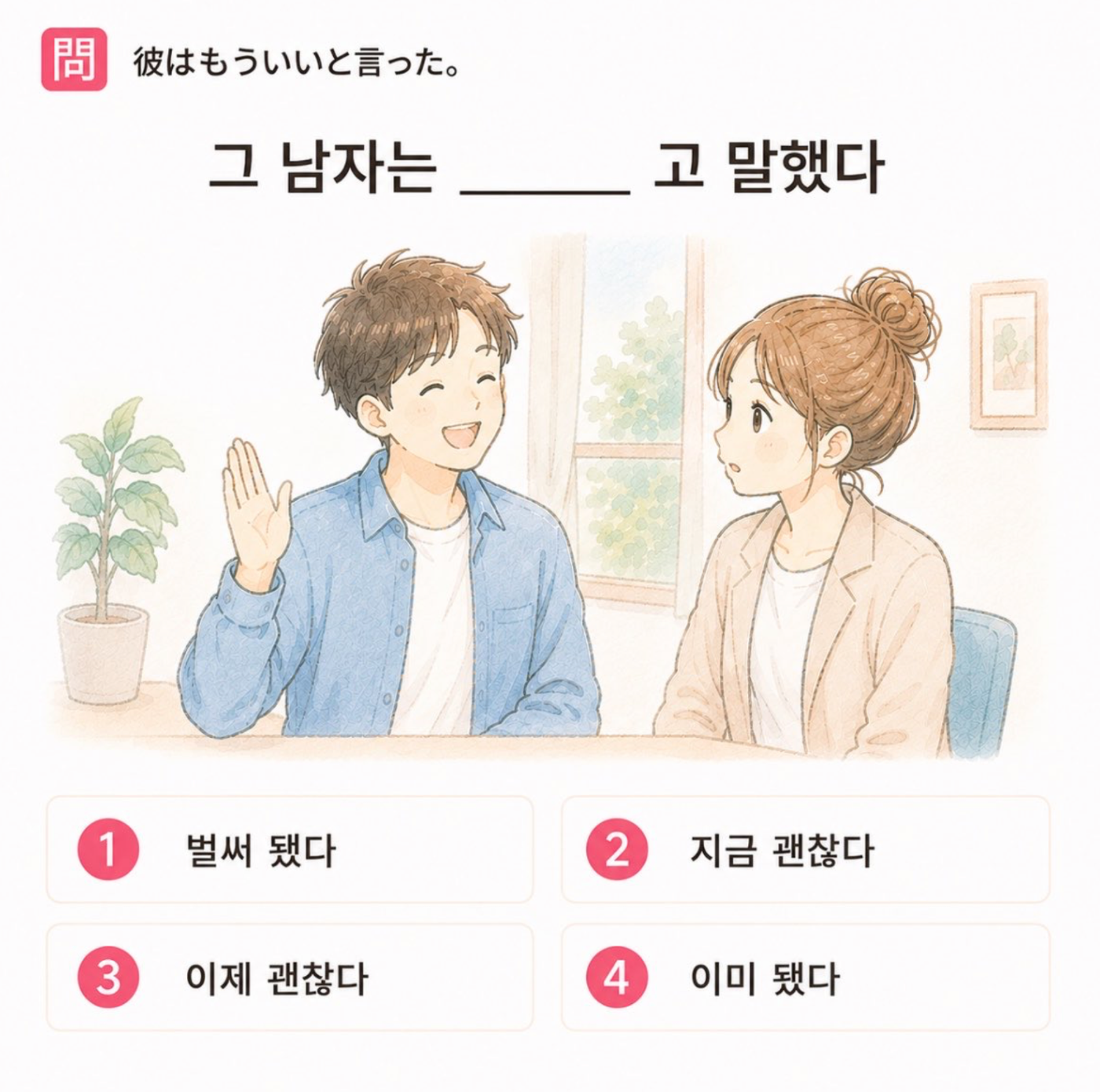 「彼はもういいとそう言った。」の韓国語表現を選ぶ4択クイズ