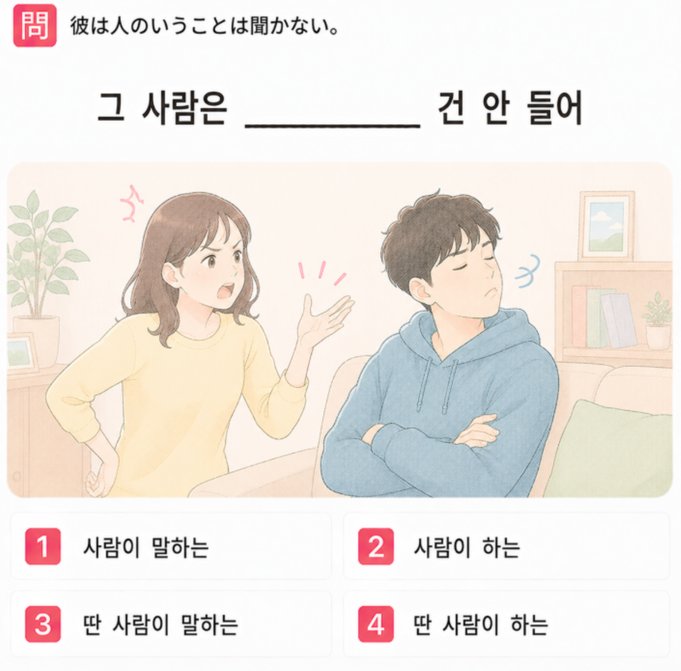 「彼は人のいうことは聞かない。」の韓国語表現を選ぶ4択クイズ