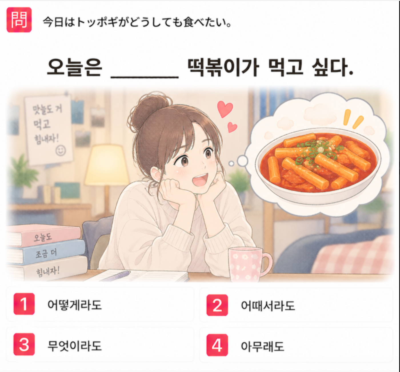 [クイズで学ぶ韓国語] 「今日はトッポギがどうしても食べたい。」 一番自然な韓国語は？