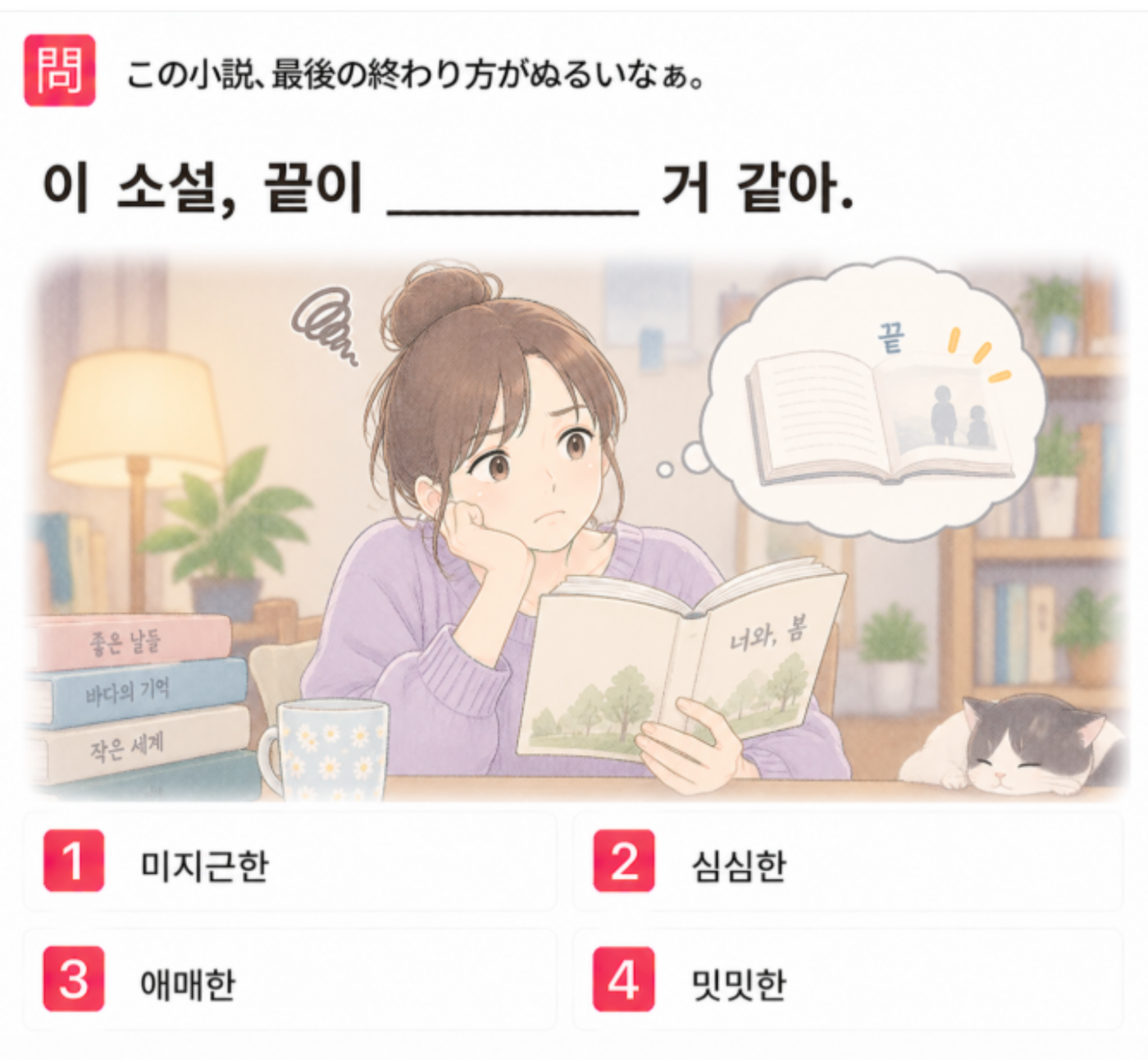 「この小説、最後の終わり方がぬるいなぁ」の韓国語表現を選ぶ4択クイズ