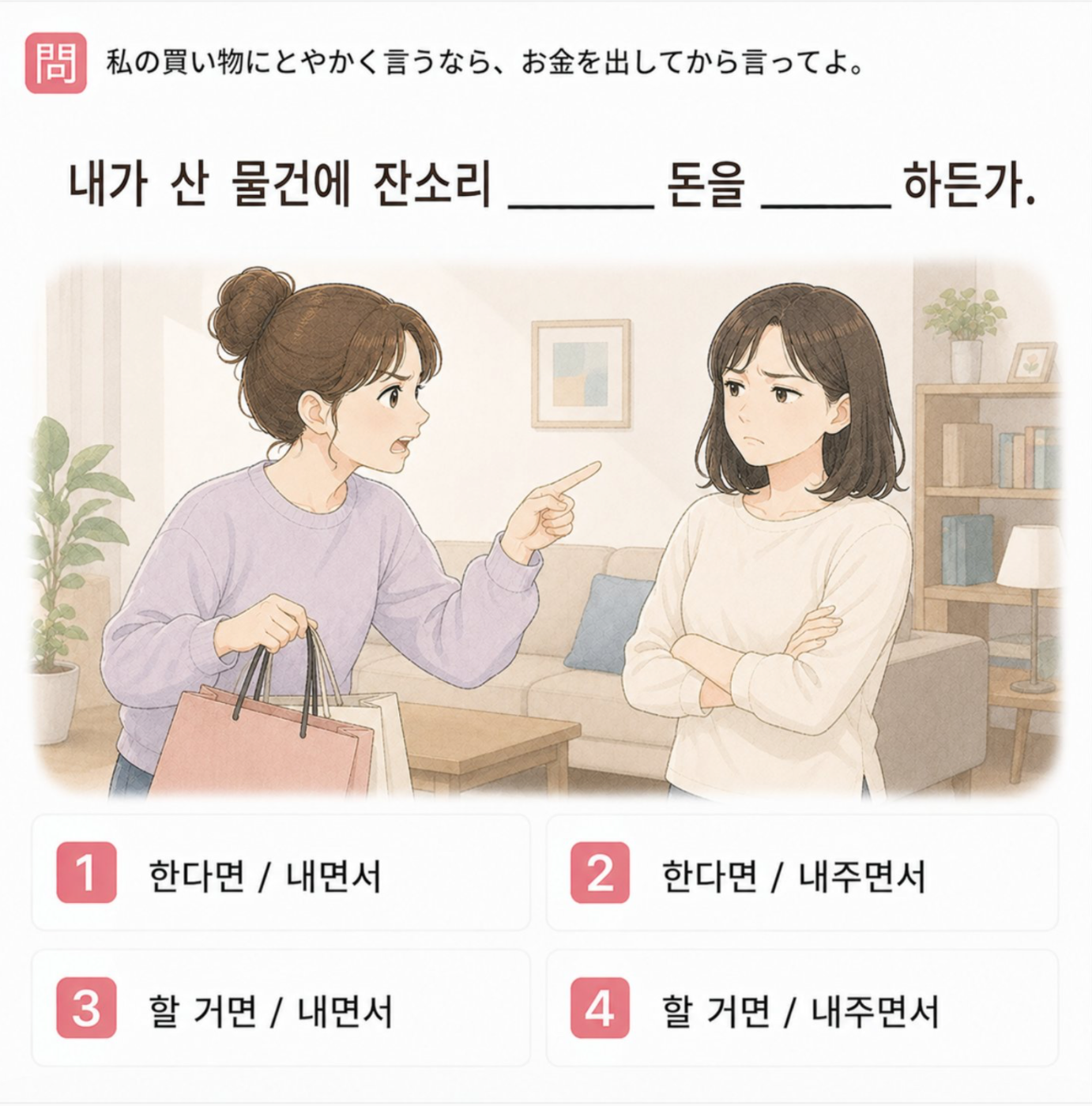 「私の買い物にとやかく言うなら、お金を出してから言ってよ。」の韓国語表現を選ぶ4択クイズ