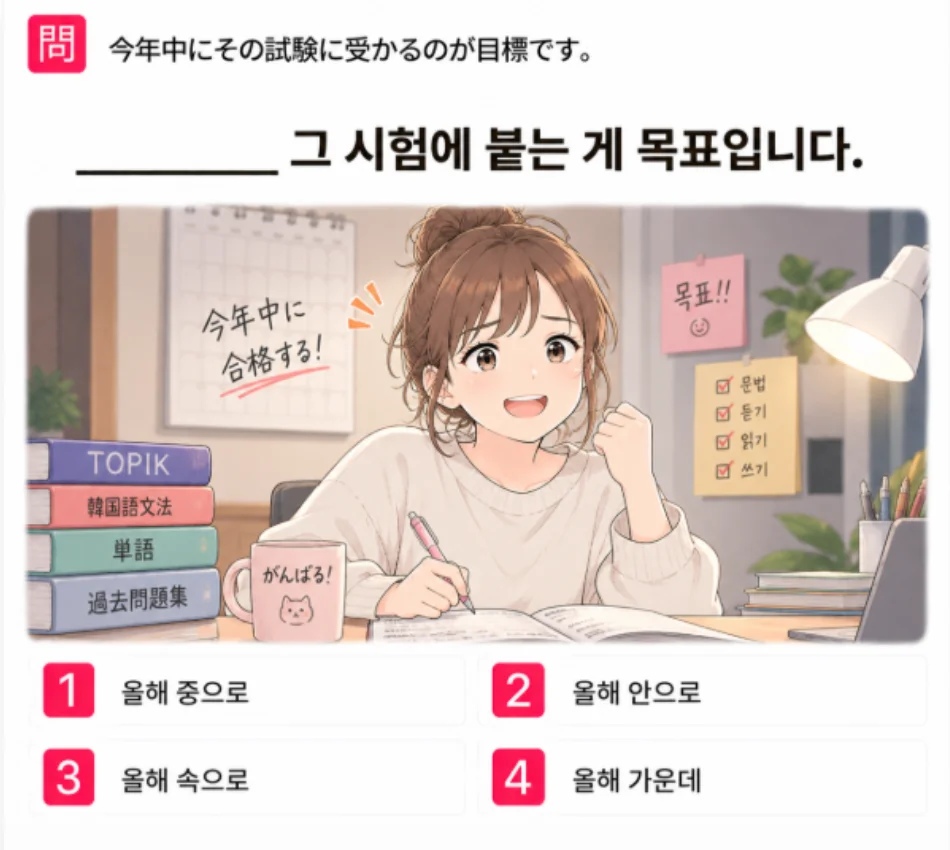 「今年中にその試験に受かるのが目標です。」の韓国語表現を選ぶ4択クイズ