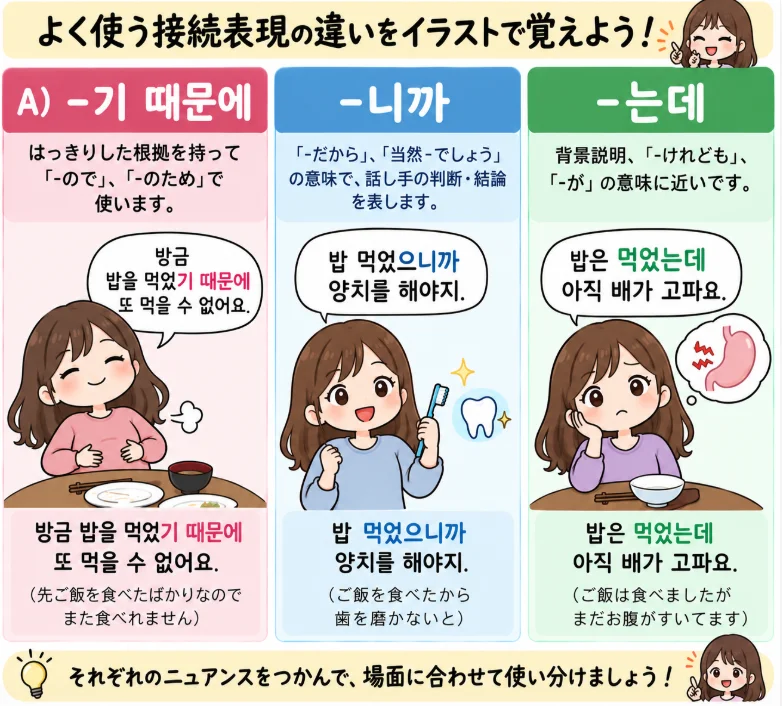 -기 때문에 vs 니까 vs 는데 違いはなんですか?