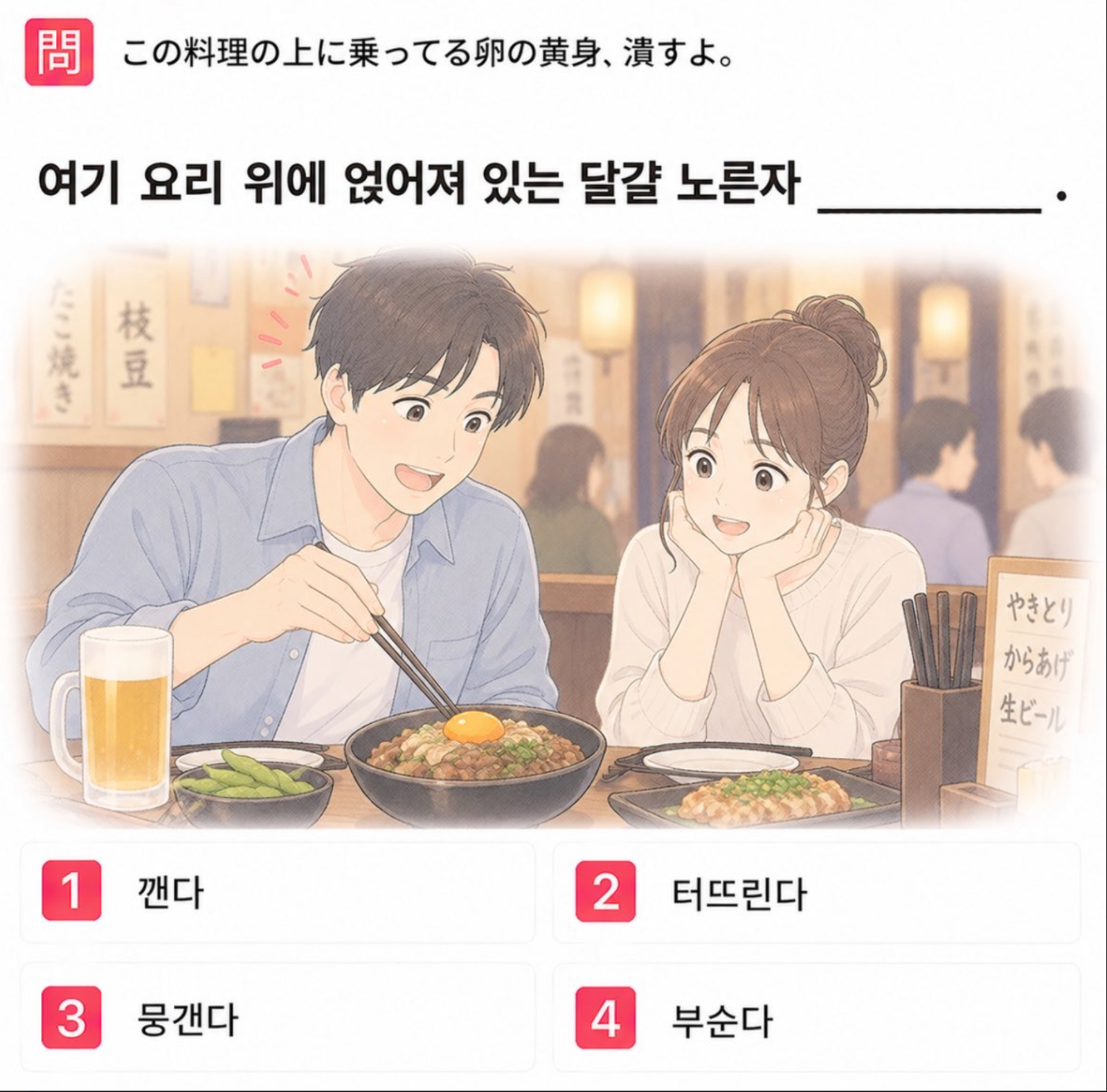「(居酒屋で) この料理の上に乗ってる卵の黄身、潰すよ。」の韓国語表現を選ぶ4択クイズ