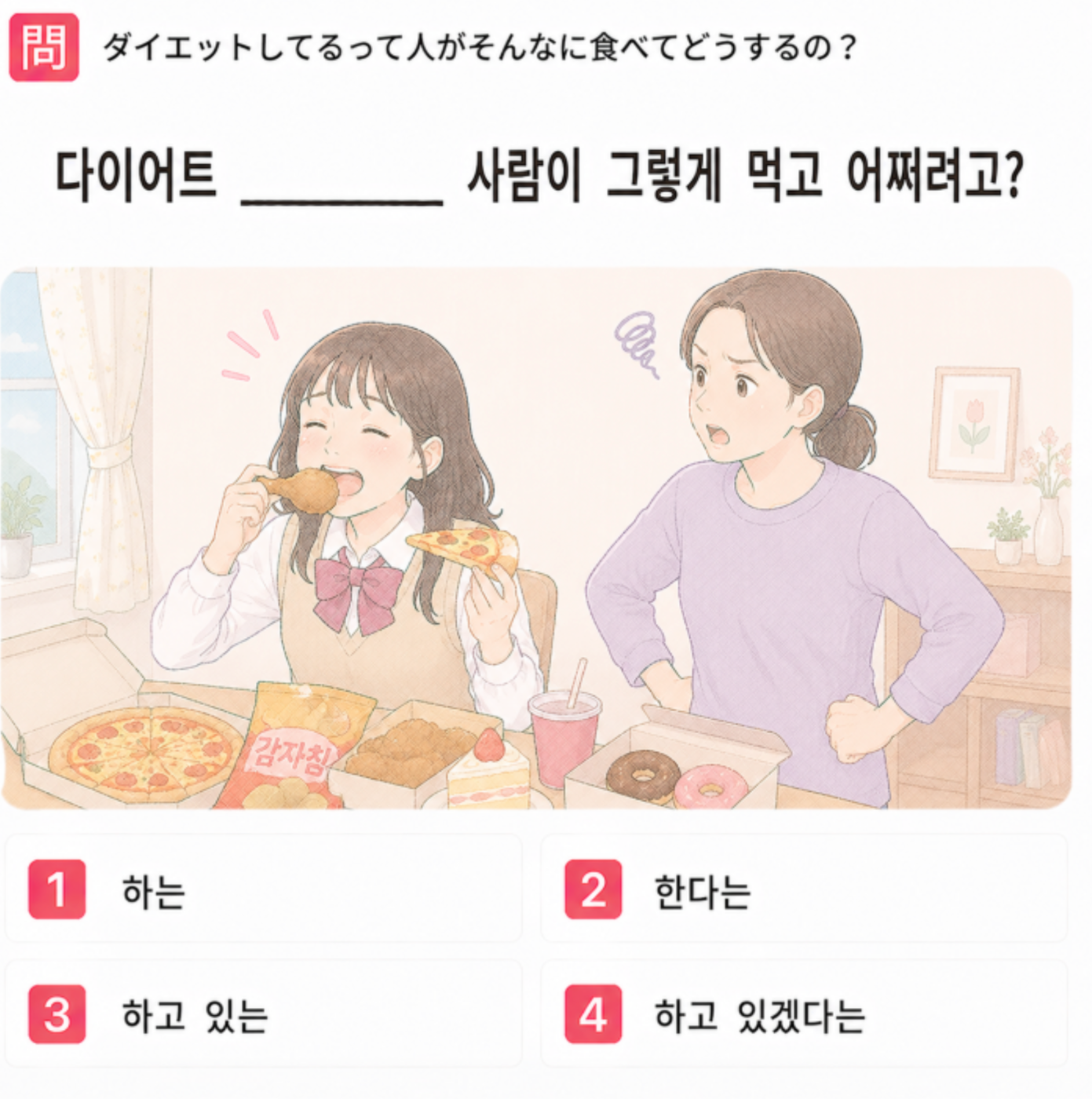 「ダイエットしてるって人がそんなに食べてどうするの?」の韓国語表現を選ぶ4択クイズ