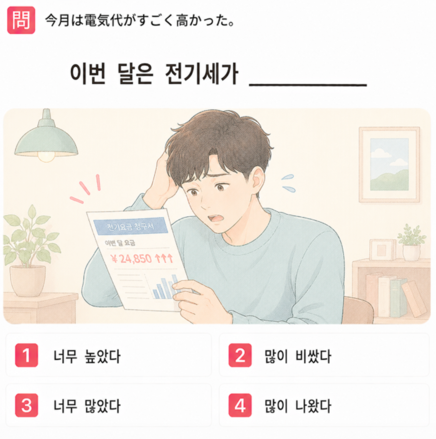 「今月は電気代がすごく高かった。」の韓国語表現を選ぶ4択クイズ