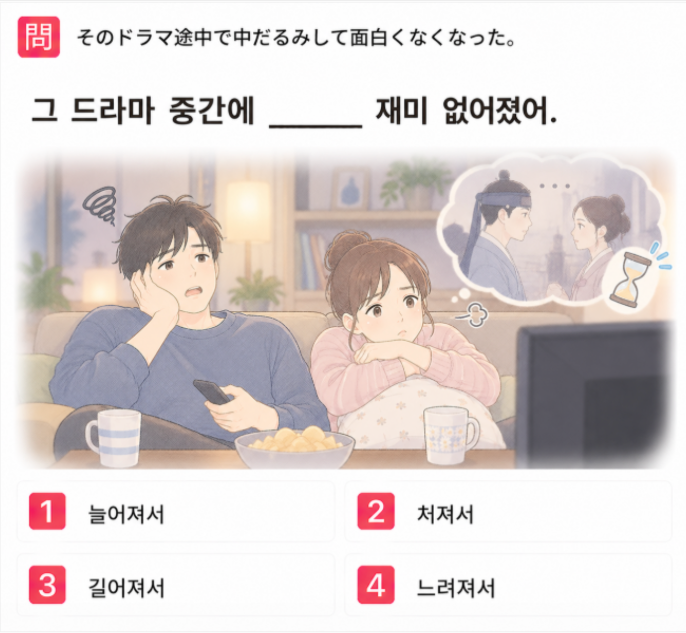 「そのドラマ途中で中だるみして面白くなくなった。」の韓国語表現を選ぶ4択クイズ