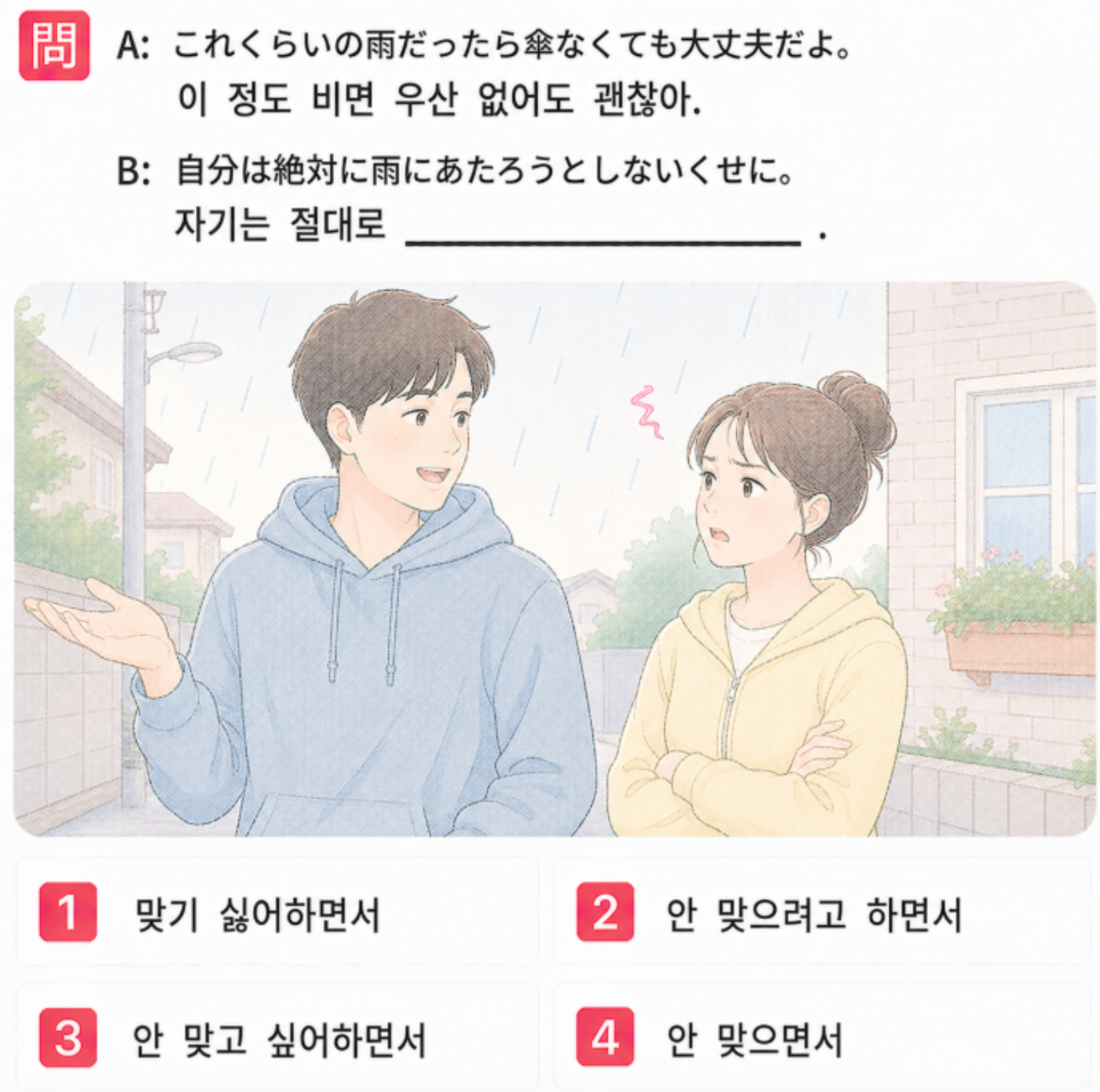 「A:これくらいの雨だったら傘なくても大丈夫だよ。 B:自分は絶対に雨にあたろうとしないくせに。」の韓国語表現を選ぶ4択クイズ