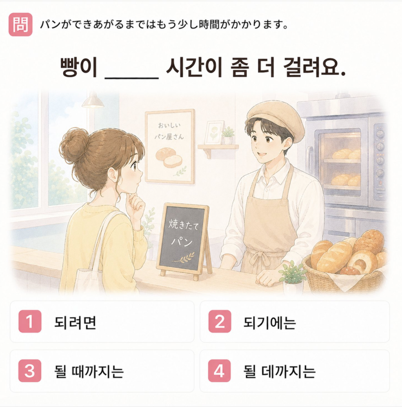 「パンができあがるまではもう少し時間がかかります。」の韓国語表現を選ぶ4択クイズ