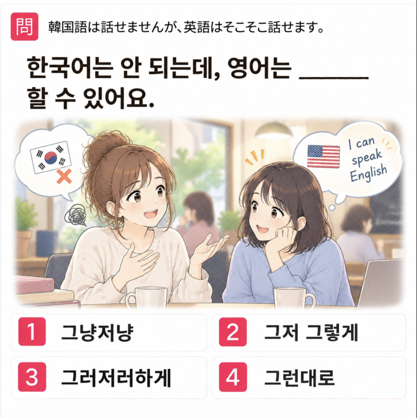 「英語は話せませんが、韓国語はそこそこ話せます。」の韓国語表現を選ぶ4択クイズ