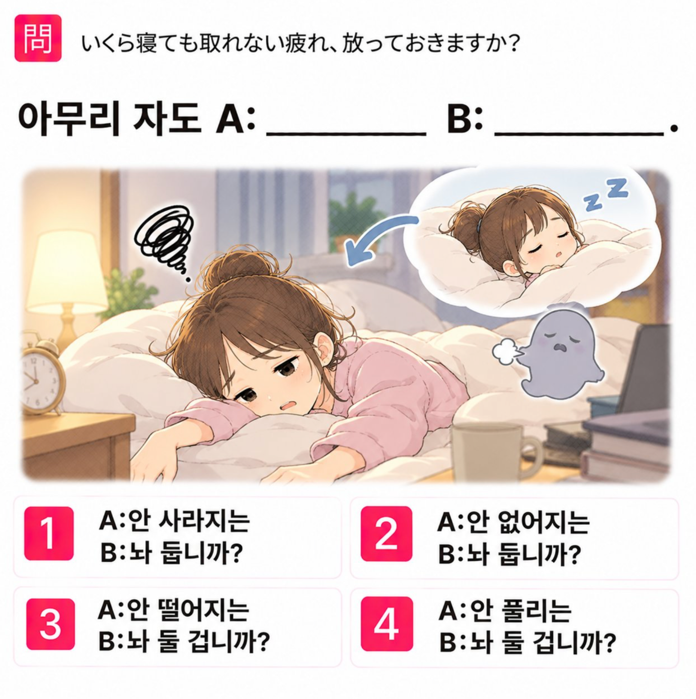 「いくら寝ても取れない疲れ、放っておきますか？」の韓国語表現を選ぶ4択クイズ