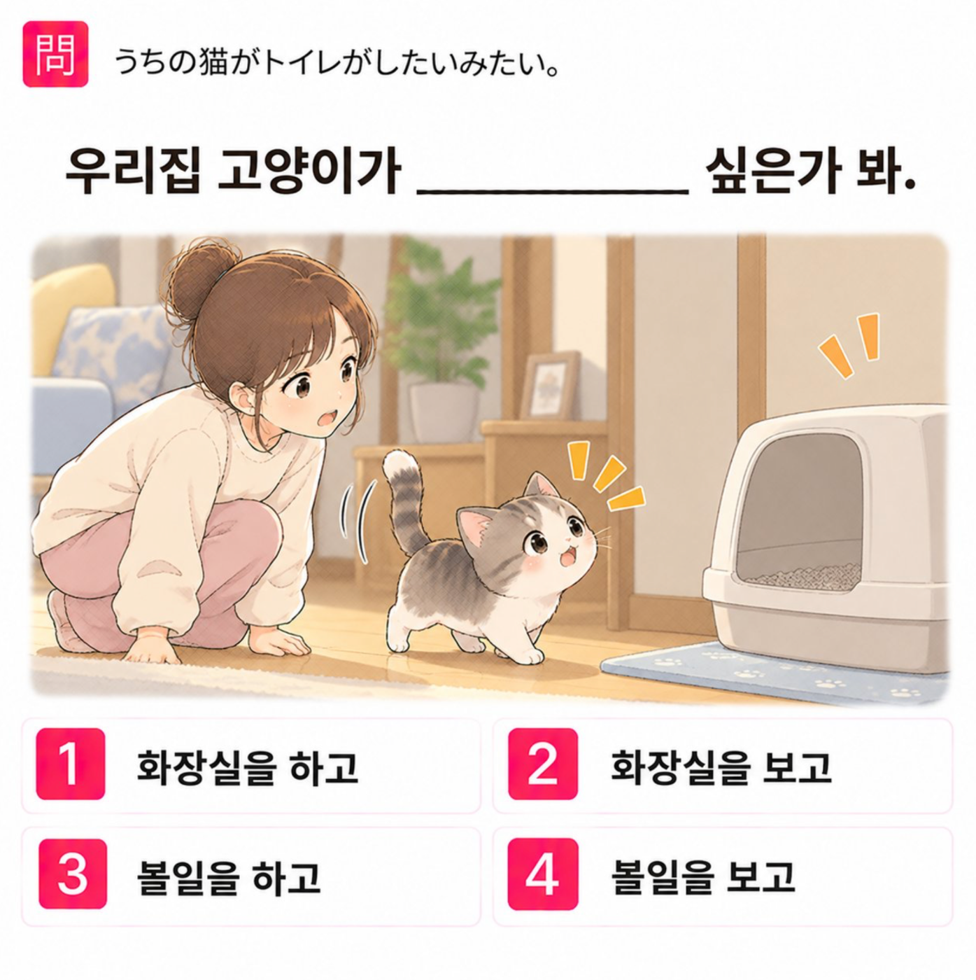 「うちの猫がトイレがしたいみたい。」の韓国語表現を選ぶ4択クイズ