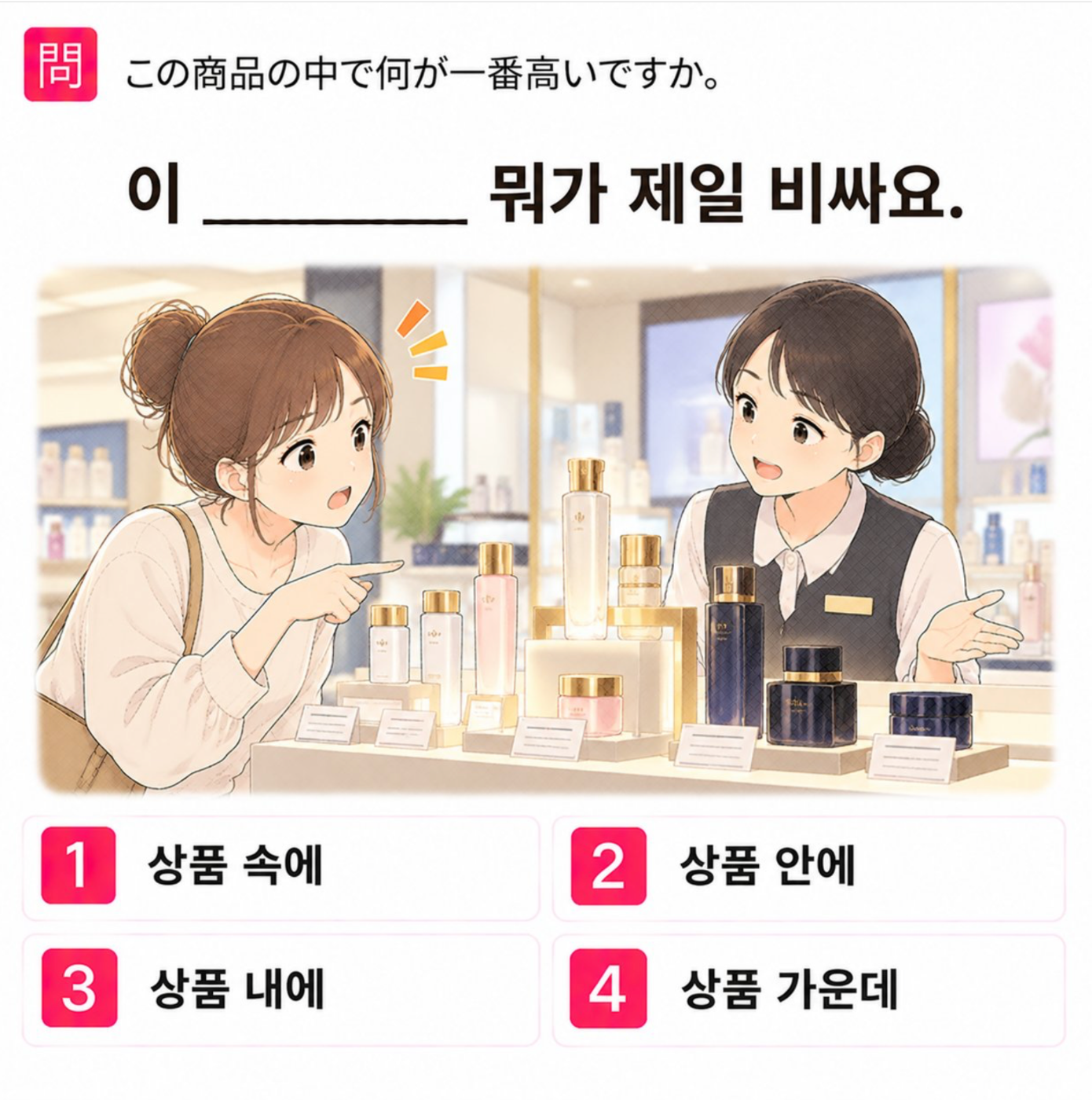 「この商品の中で何が一番高いですか。」の韓国語表現を選ぶ4択クイズ